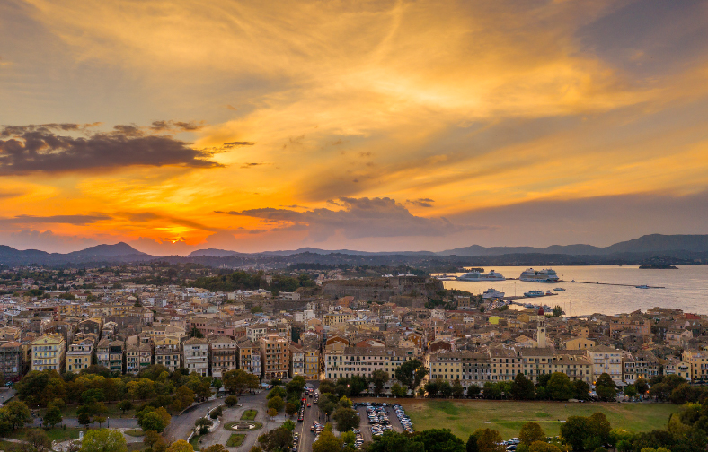 corfu old town aerial views during sunset